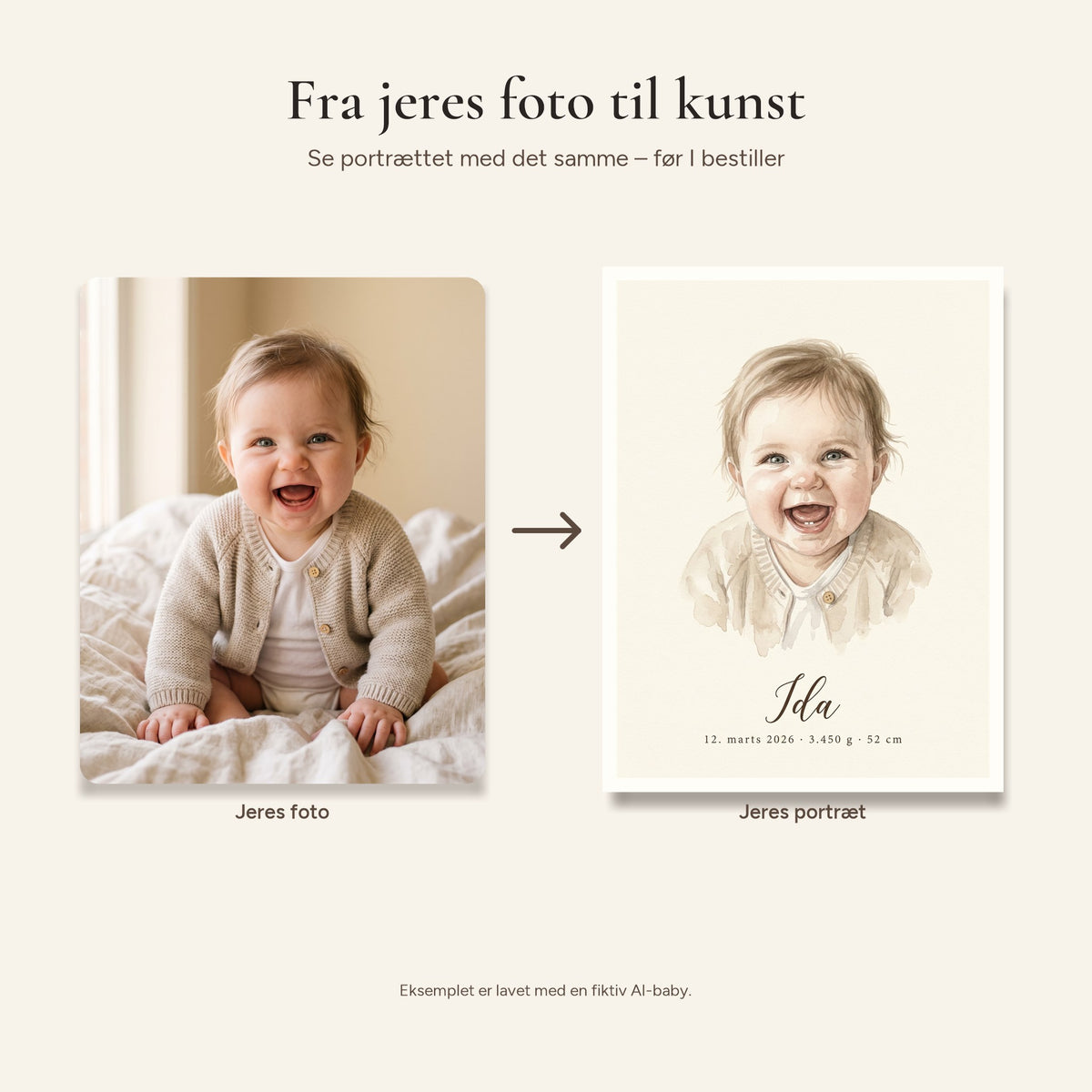 Fra foto til portræt: et foto af en baby bliver til en akvarel