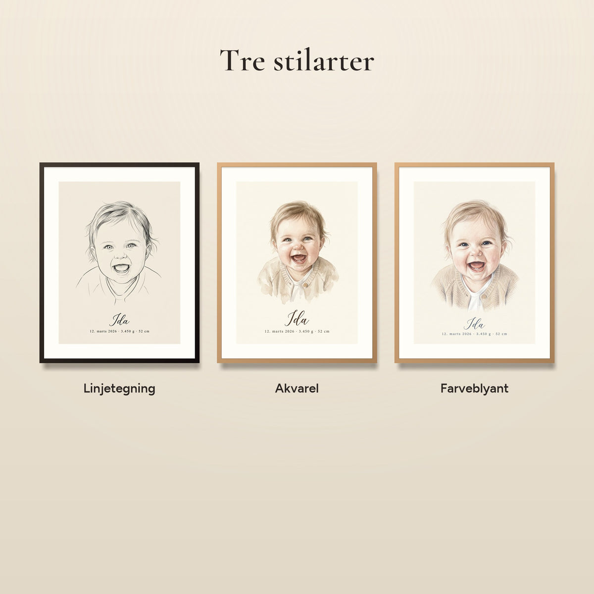 Tre stilarter: linjetegning, akvarel og farveblyant